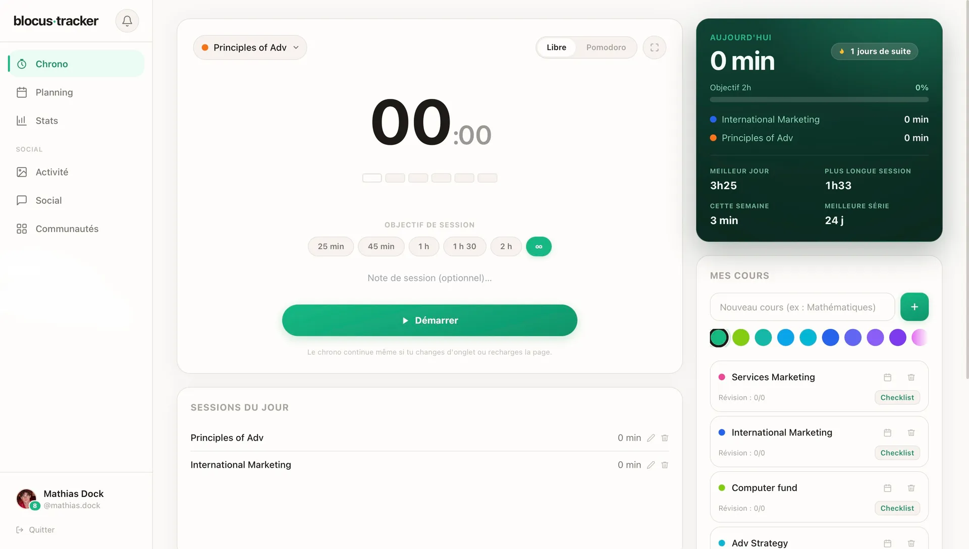 Le chrono Blocus Tracker sur ordinateur : session prête à démarrer, objectifs du jour et cours