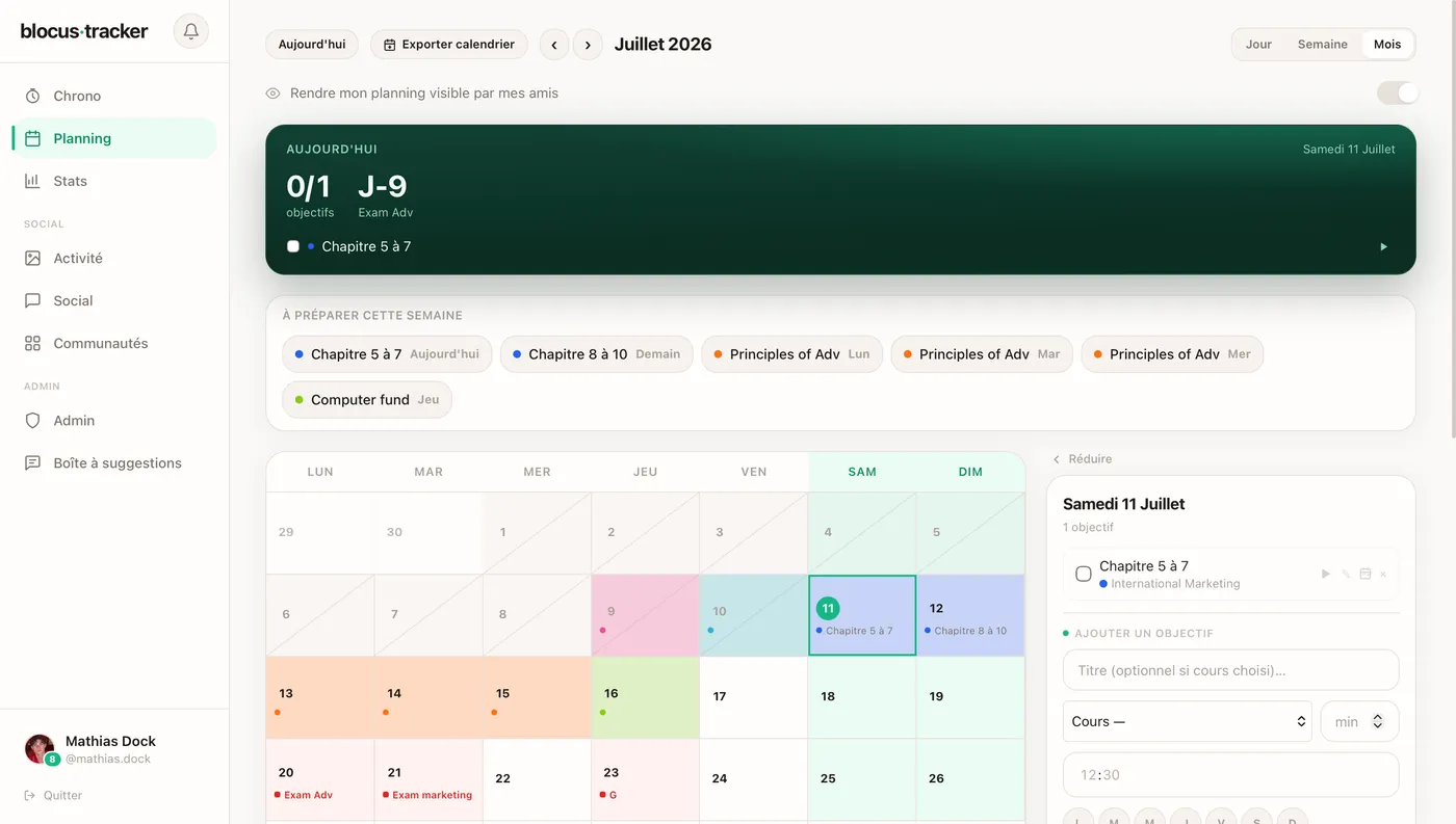 Le planning de révision Blocus Tracker : vue mois, objectifs du jour et examens à venir